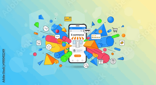 E-commerce, mobile shopping, commerce icons, digital marketing, online store, colorful vector graphics