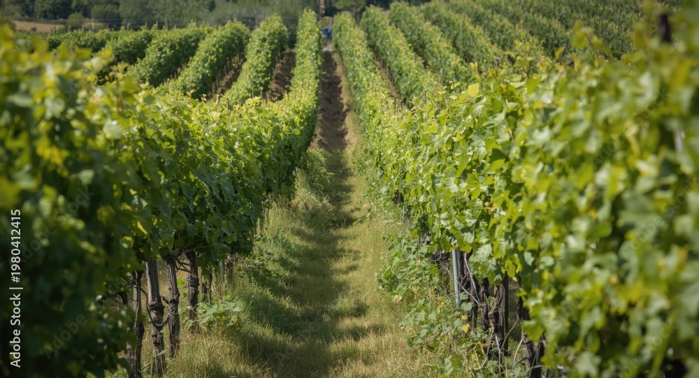 Naklejka premium Vineyard rows dense with greenery thriving throughout a lively summer period