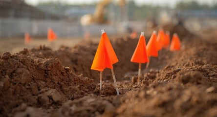 Soil embedded orange warning flags highlighting subterranean utilities in a construction environment