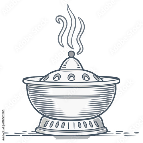 Stylized line art illustration of an aromatic incense burner releasing fragrant smoke