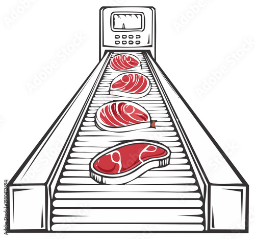 Raw beef steaks on an industrial conveyor belt in a meatpacking factory vector illustration