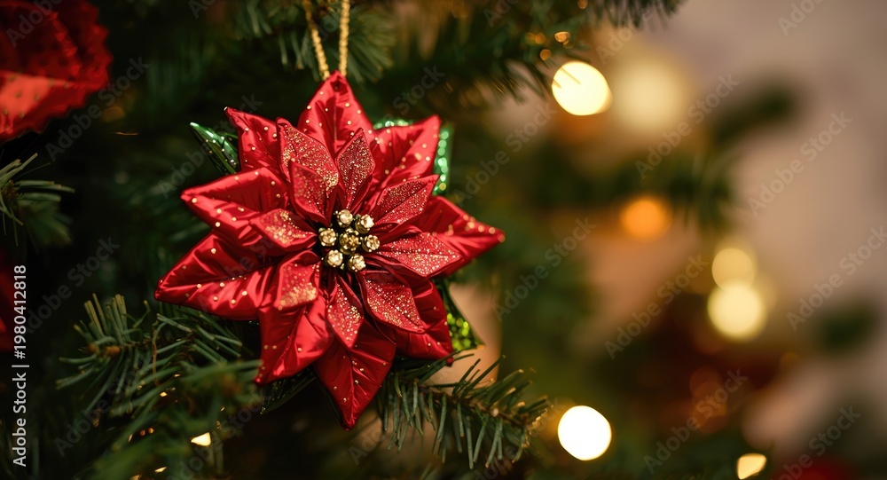 Fototapeta premium Vibrant Ukrainian folk poinsettia ornament on Christmas tree with glowing golden bokeh effect