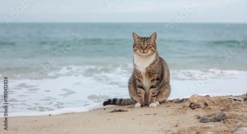 Happy cat sitting on sandy ...