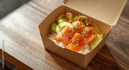 Boxed serving of salmon pok...