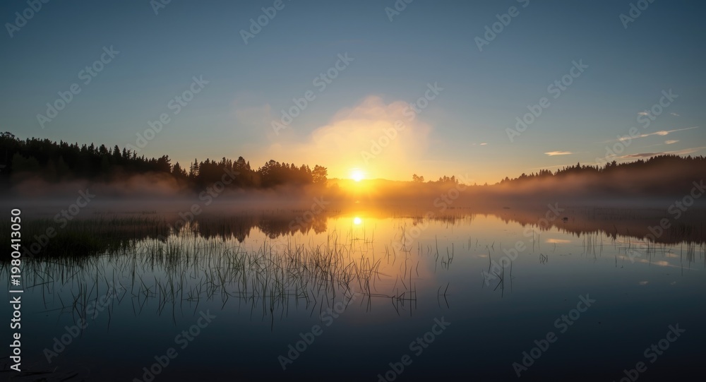 Fototapeta premium Summer solstice lake illuminated by golden sunlight with a blanket of fog and noctilucent clouds