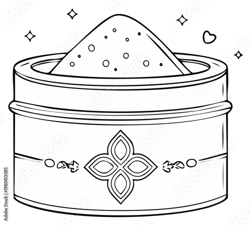 Cosmetic powder in a decorated tin, embellished with sparkling details, line art