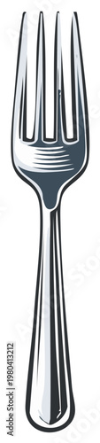 Illustration of a metal fork utensil with four tines for eating meals and food.