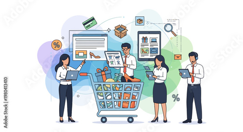 E-commerce, online shopping, business, people, illustration, vector graphics, colorful, modern, shopping cart, digital marketing, retail