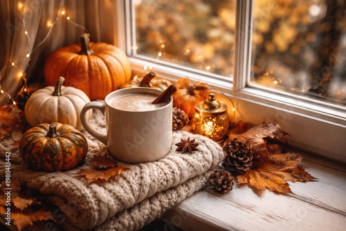 Cozy autumn scene with coff...