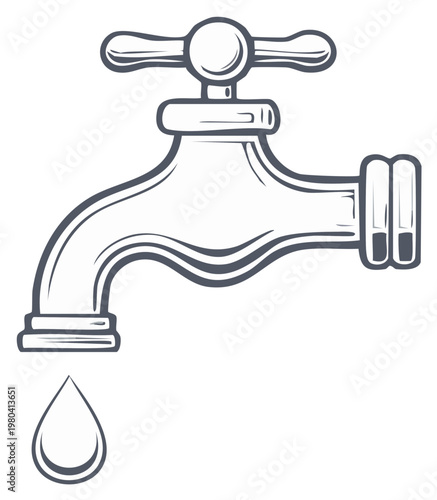 Detailed Illustration of Water Faucet Spigot with Dripping Water Drop Line Art Style