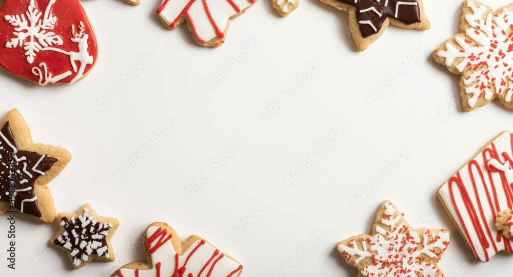 Fototapeta premium Tasty decorated cookies placed on a white table surface for joyous festive moments