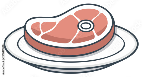 Stylized vector illustration of a raw beef steak with bone on a plate ready to cook