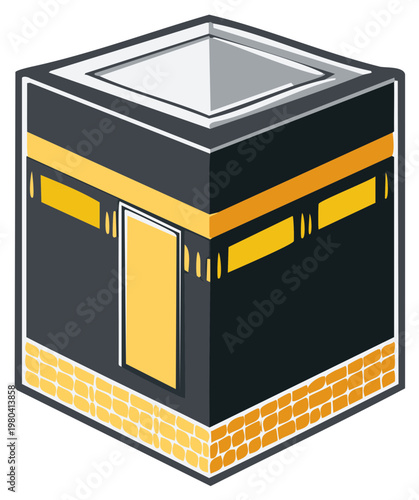 Stylized sacred cubic architecture with golden patterns and ornate door symbolizing Islamic faith and pilgrimage