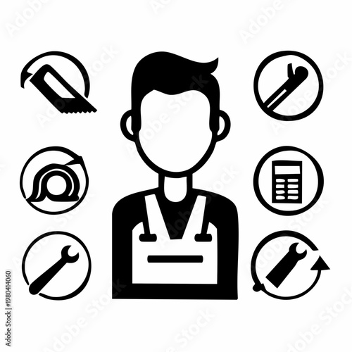 A clean icon set representing construction workers and carpenter professions in minimal line style.