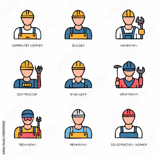 A clean icon set representing construction workers and carpenter professions in minimal line style.
