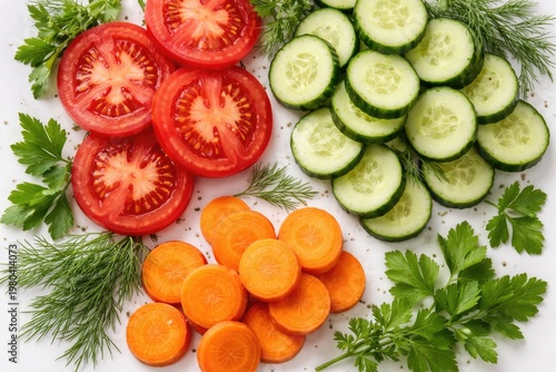 Top view of fresh sliced tomato cucumber and carrot on a white backdrop with parsley and dill herbs