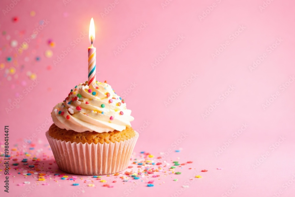 Fototapeta premium Festive birthday cupcake with a glowing candle and multicolored sprinkles on a pink background with copy space