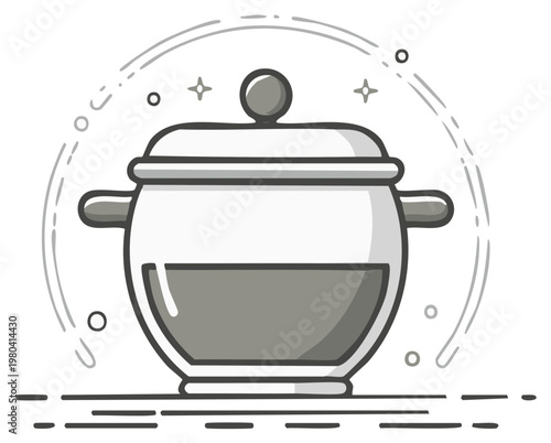 Modern Grayscale Cooking Pot Illustration with Lid and Liquid Inside