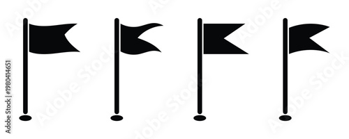 Diverse black flag and banner with various shapes, including wavy, triangular, swallowtail designs. Pennants waving flags and rectangles for marking locations map pointers and goal achievement. Eps 10