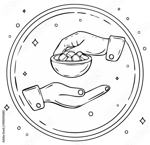 Charity and donation concept with hand giving bowl of food to another hand line art illustration