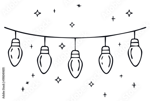 Hand drawn string of festoon bulbs with twinkling stars decoration