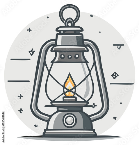 Vintage kerosene lamp with a glowing flame illumination and decorative elements