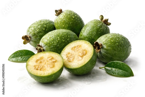 Fresh feijoa fruits isolated on a clean white backdrop