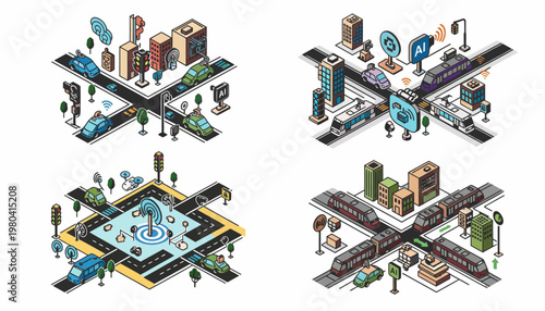 Isometric Smart City Transportation Network and Urban Infrastructure.