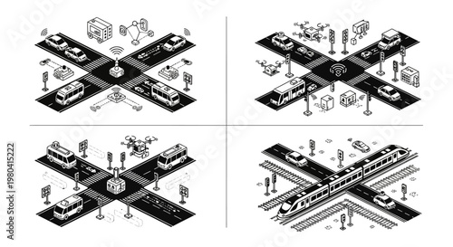 Isometric Smart City Transportation System with Autonomous Vehicles and Public Transport.