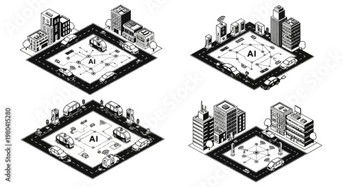 Isometric Smart City with AI Integration and Connected Infrastructure.