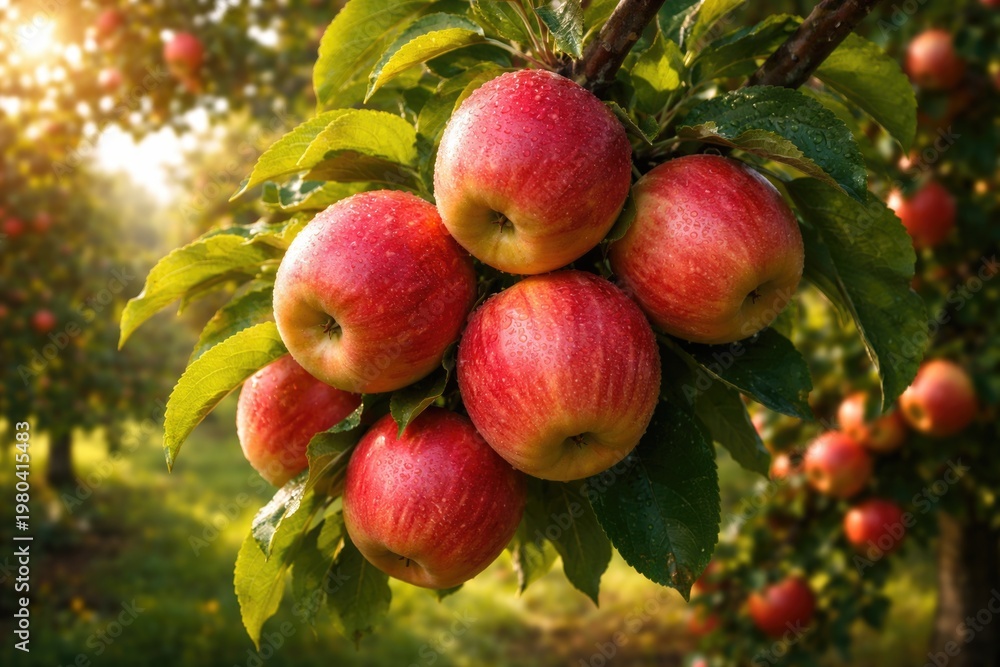 Fototapeta premium A vibrant cluster of ripe apples ready for picking in a lush orchard