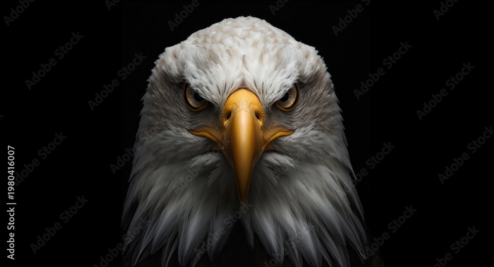 Obraz premium Intense stare of a bald sea eagle in closeup over a smooth dark matte backdrop