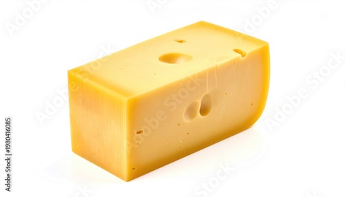 Block of Swiss Cheese with Holes on White Background.