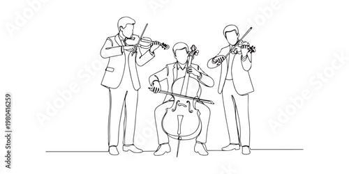 Minimalist orchestra musicians performing on stage line drawing.