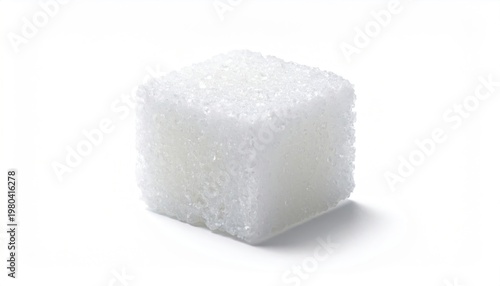 Close-up of a single sugar cube on a white background.