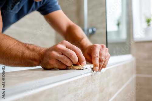 Hands Applying Silicone Caulk Around Bathtub Edge for Precise Sealing in Bathroom