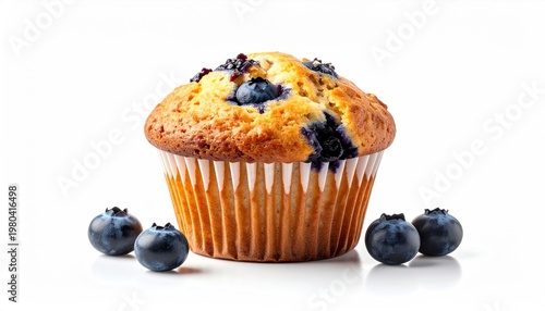 Delicious Blueberry Muffin with Fresh Blueberries on White Background.