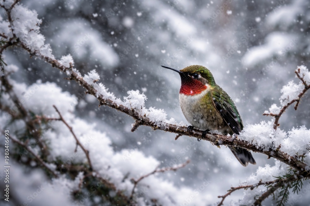 Fototapeta premium A rare sighting of a hummingbird visiting snowy branches during a winter storm