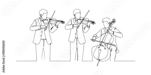 Minimalist orchestra musicians performing on stage line drawing.