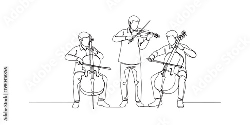 Continuous line art of classical music trio with violin and cello players.
