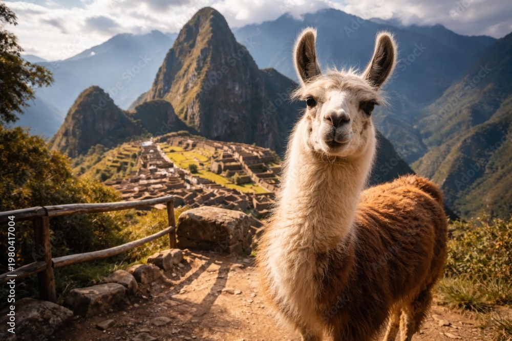 Fototapeta premium Curious Andean llama standing at a historic mountain viewpoint