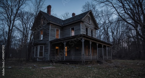 Ghostly abandoned historic wooden estate in ruinous condition after dusk