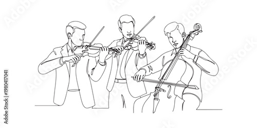 Continuous line art of classical music trio with violin and cello players.