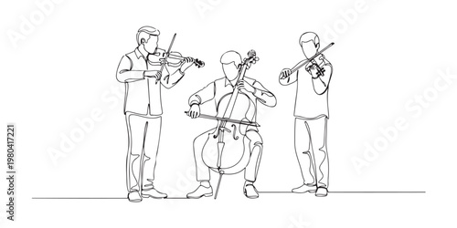 Continuous line art of classical music trio with violin and cello players.