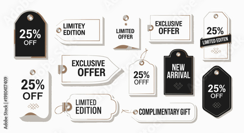 Collection of discount tags and labels.