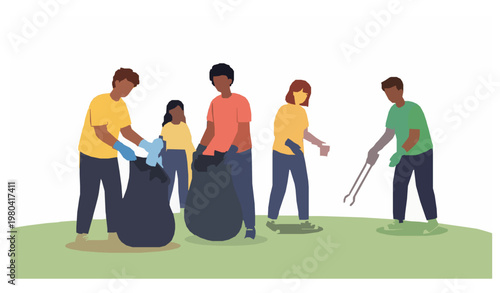 Community volunteers cleaning and planting trees environment vector