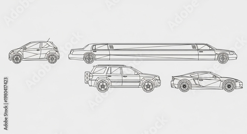 Various Car Silhouettes and Line Drawings.