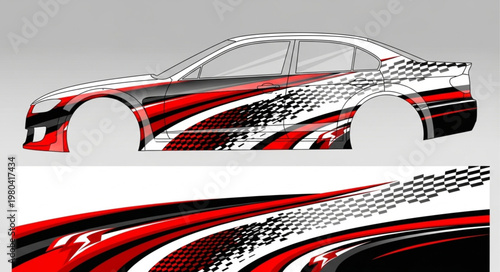 Modern Car Body Kit with Red and Black Racing Graphics.