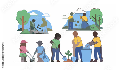 Community work day volunteers environment protection cartoon vector