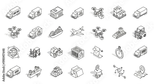 Isometric Logistics and Delivery Icons Set for Global Transportation.